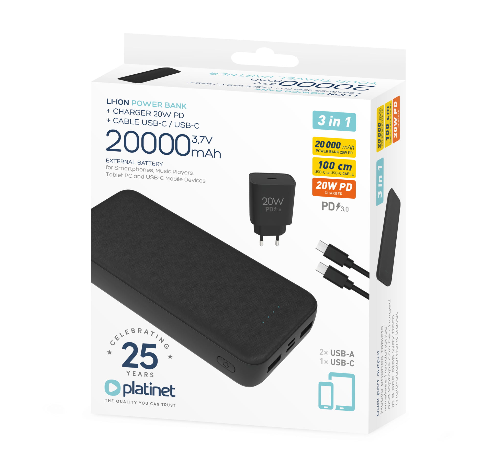 Power Bank Platinet 20000mAh + 20W PD Charger + USB C Cable Black