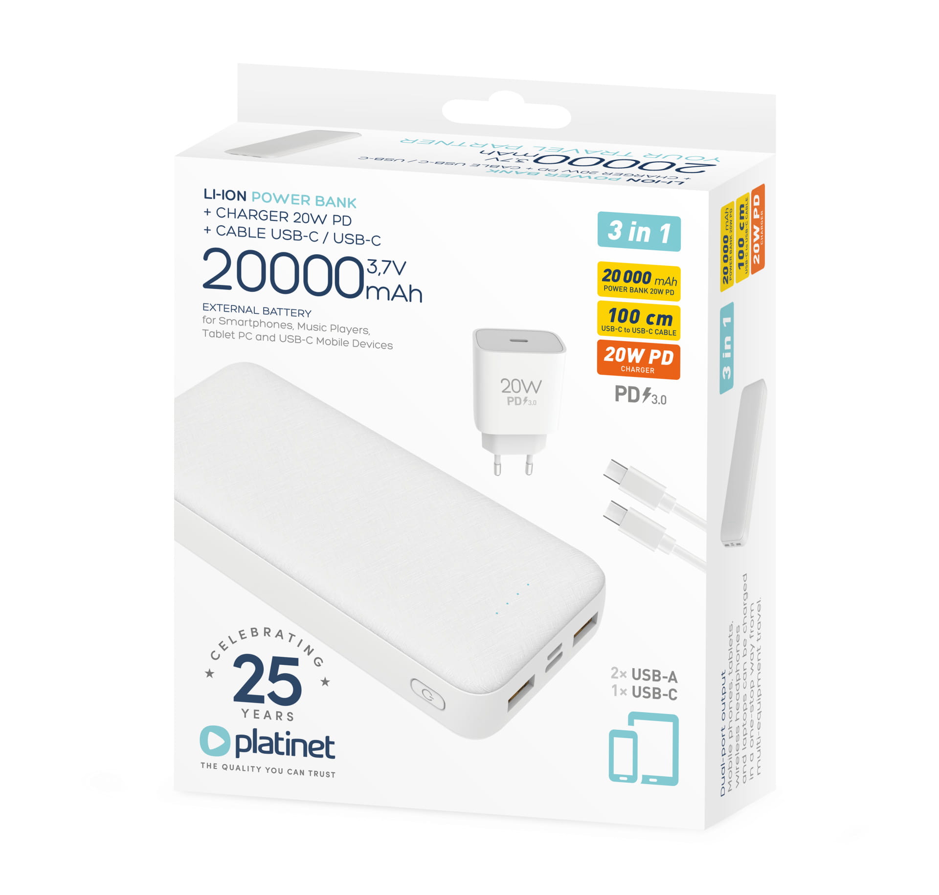 Power Bank Platinet 20000mAh + 20W PD Charger + USB C Cable White