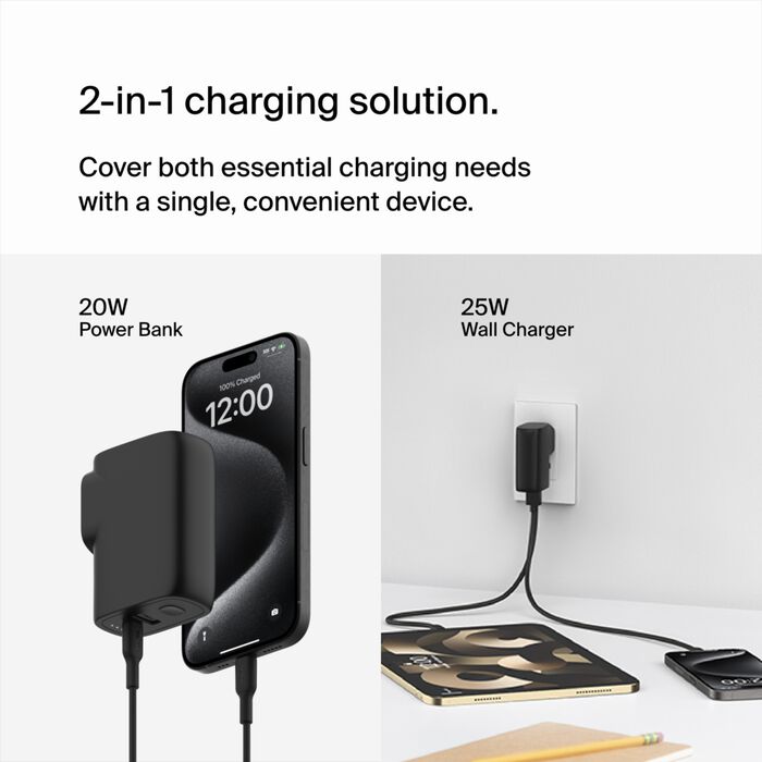 Universal Charger Travel Adapter Belkin Boost Wall Charger+Power Bank Hybrid 25W+5K