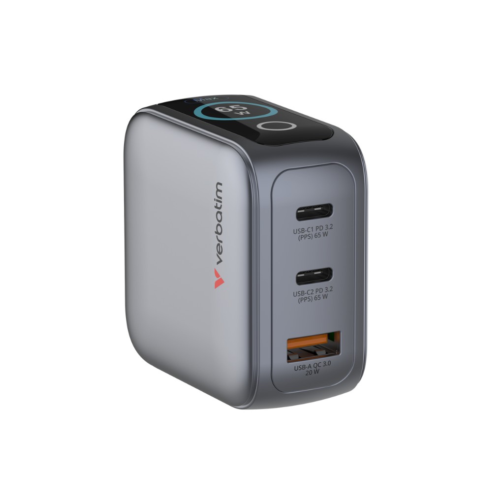 USB Universal Power Charger Verbatim GaN Mini 3in1 w/Display 65W 2xUSB-C/1xUSB-A QC 3.0