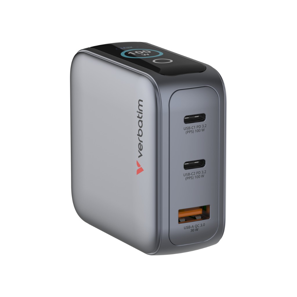USB Universal Power Charger Verbatim GaN Mini 3in1 w/Display 100W 2xUSB-C/1xUSB-A QC 3.0