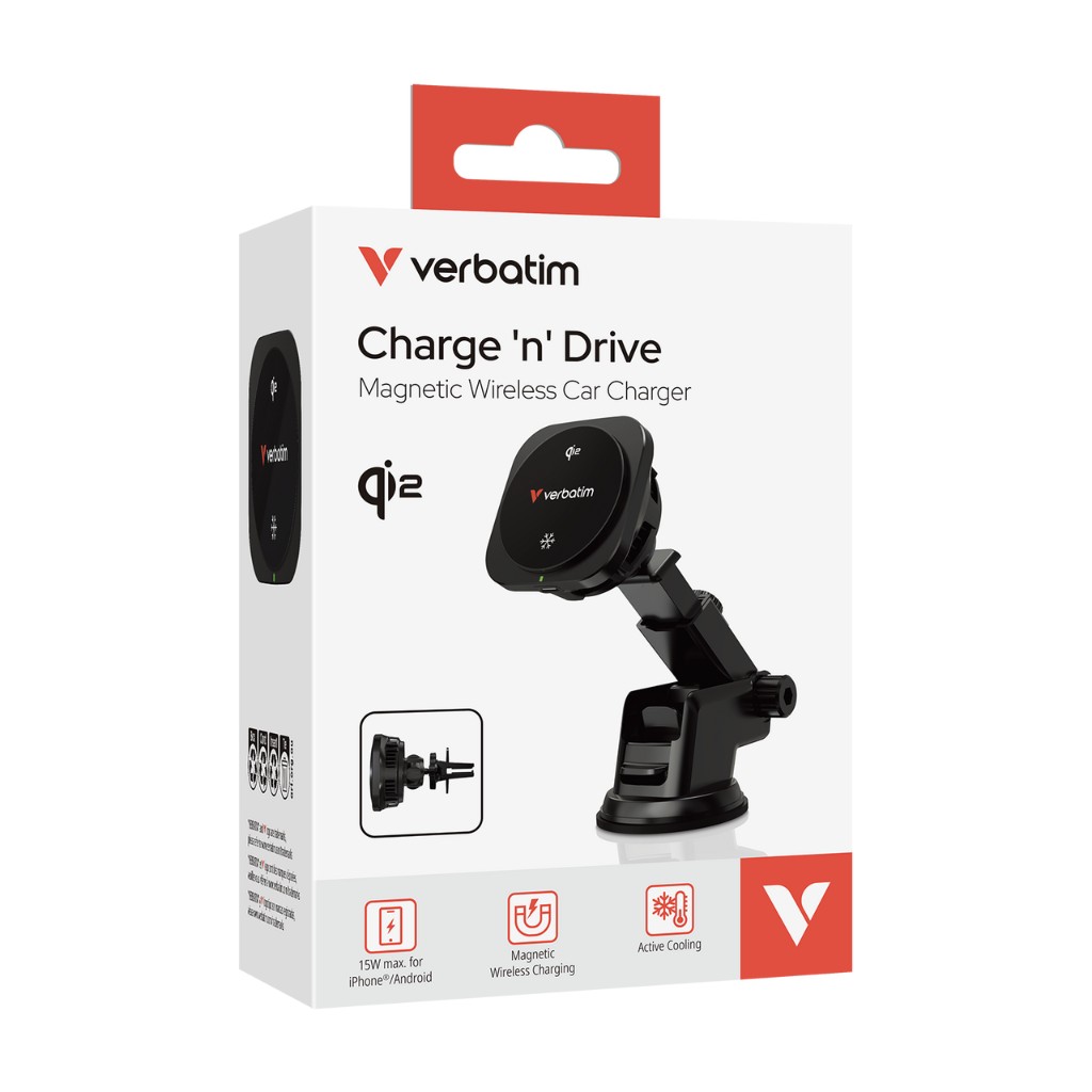 Car Magnetic Holder for Smartphones Verbatim Charge 'n' Drive Qi2 Wireless Charging