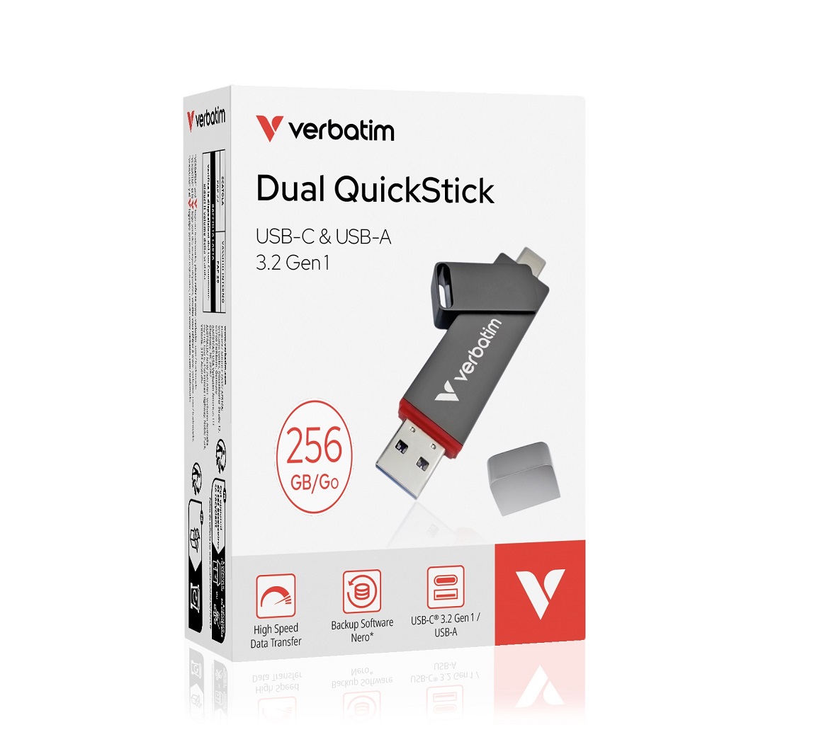 USB Drive 256GB Verbatim Dual QuickStick 3.2 USB-A/Type-C 530MBs/470MBs
