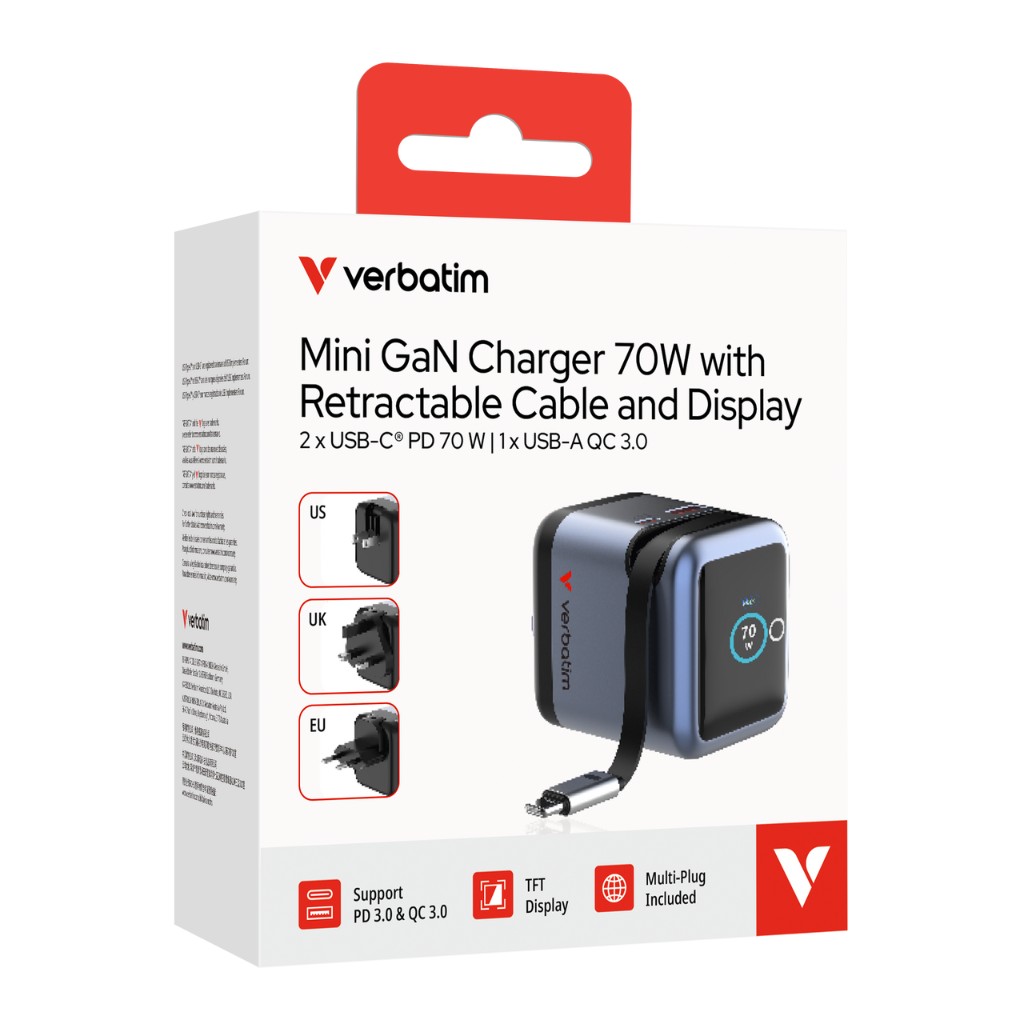 USB Universal Power Charger Verbatim GaN Mini w/Display & USB-C Cable 70W 1xUSB-C/1xUSB-A QC 3.0