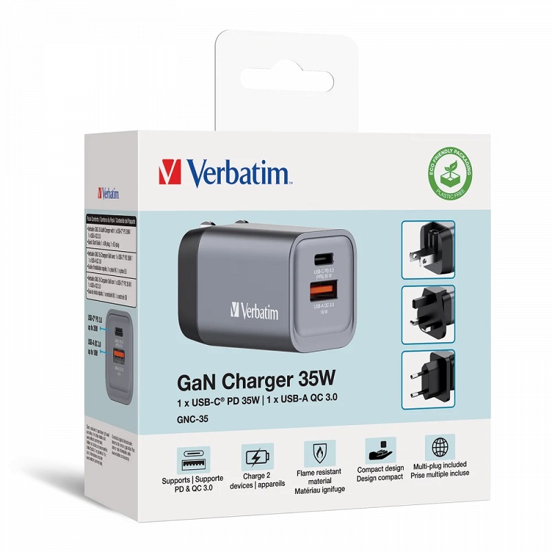 USB Universal Power Charger Verbatim GaN 2in1 35W 1xUSB-C/1xUSB-A QC 3.0