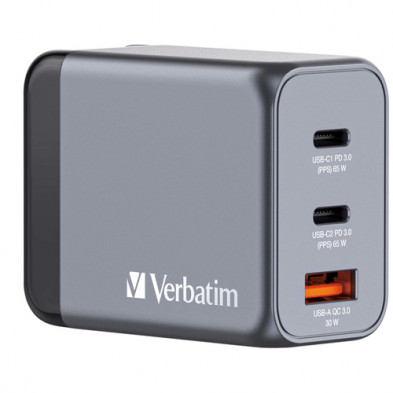 USB Universal Power Charger Verbatim GaN 3in1 65W 2xUSB-C/1xUSB-A QC 3.0