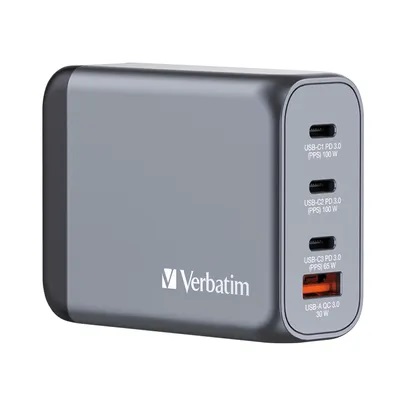 USB Universal Power Charger Verbatim GaN 4in1 100W 2xUSB-C 100W/1xUSB-C 60W/1xUSB-A QC 3.0