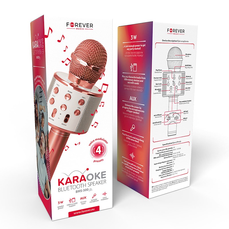 Microphone Bluetooth Karaoke Forever BMS-300 w/Bluetooth Speaker & microSD Card Rose Gold