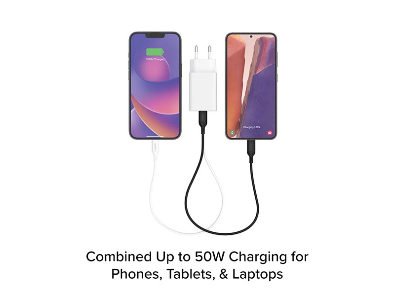 USB Universal Power Charger ZAGG Mophie Essentials 50W Dual USB-C GaN White