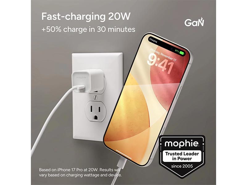 USB Universal Power Charger ZAGG Mophie 20W USB-C GaN White