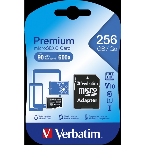 Secure Digital Micro Verbatim 256GB Premium SDXC Ultra High Speed I Class10 w/Adapter