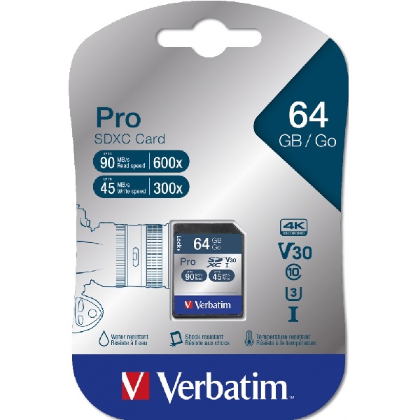Secure Digital Verbatim PRO 64GB SDXC eXtended capacity 90R/45W U3 UHS-I V30