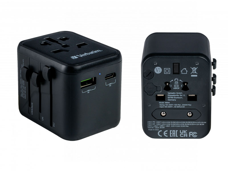 Universal Charger Travel Adapter UTA-02 Verbatim 20W USB-C PD & QC 3.0 USB-A