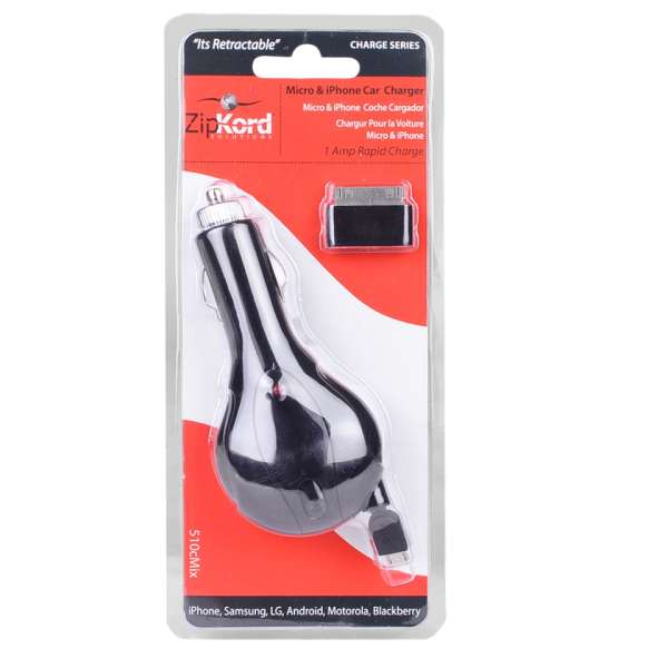 USB Universal Car Charger ZipKord 510CMIX 1.0A Retractable Micro USB w/30-Pin Dock Connector