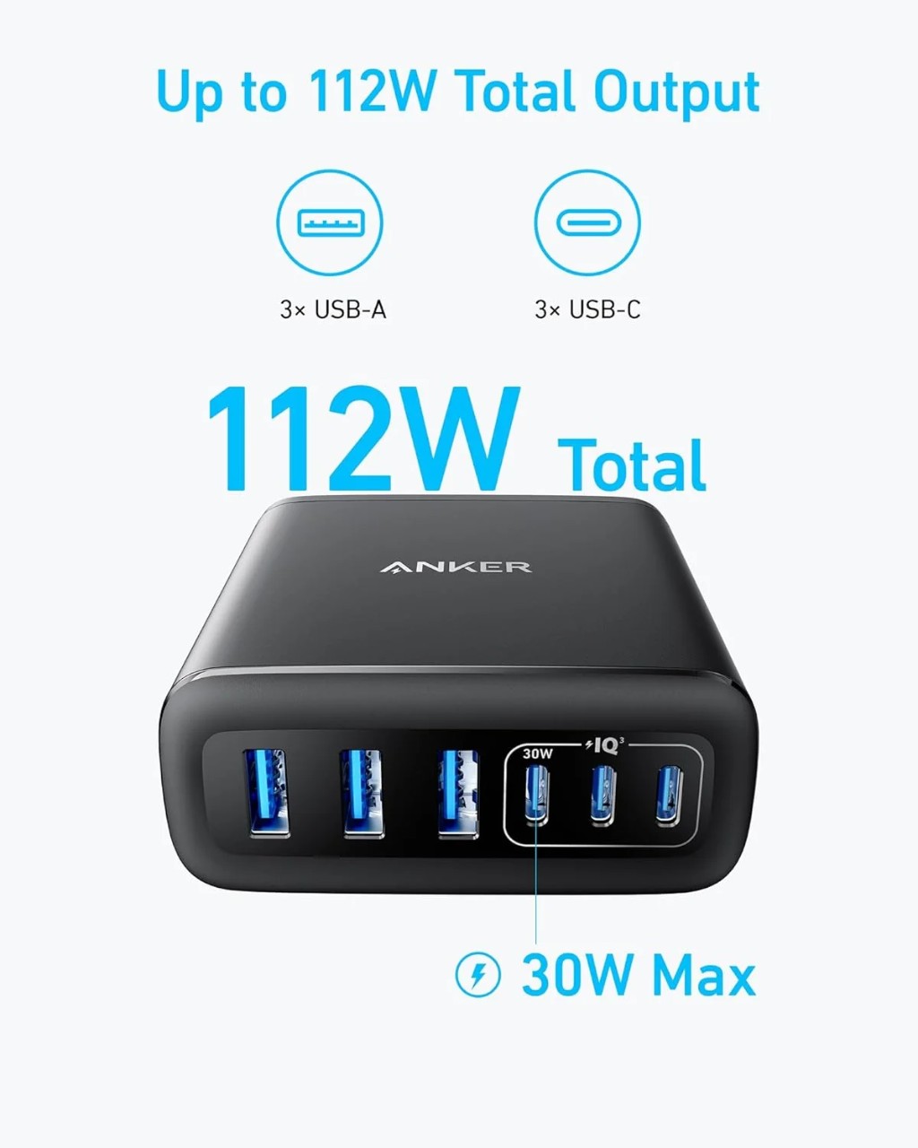 USB Universal Power Charger Anker 112W (6 Ports, GaN) Black