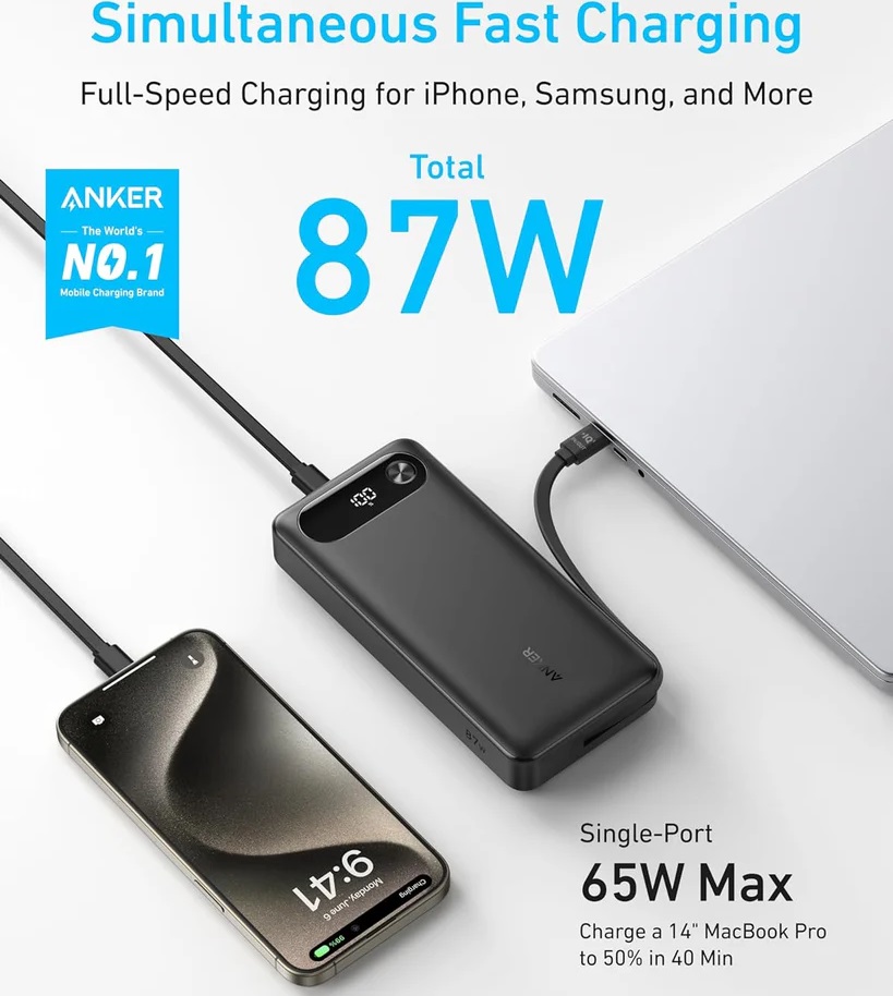 Power Bank Anker 20K, 87W, (Built-In USB-C Cable) Black