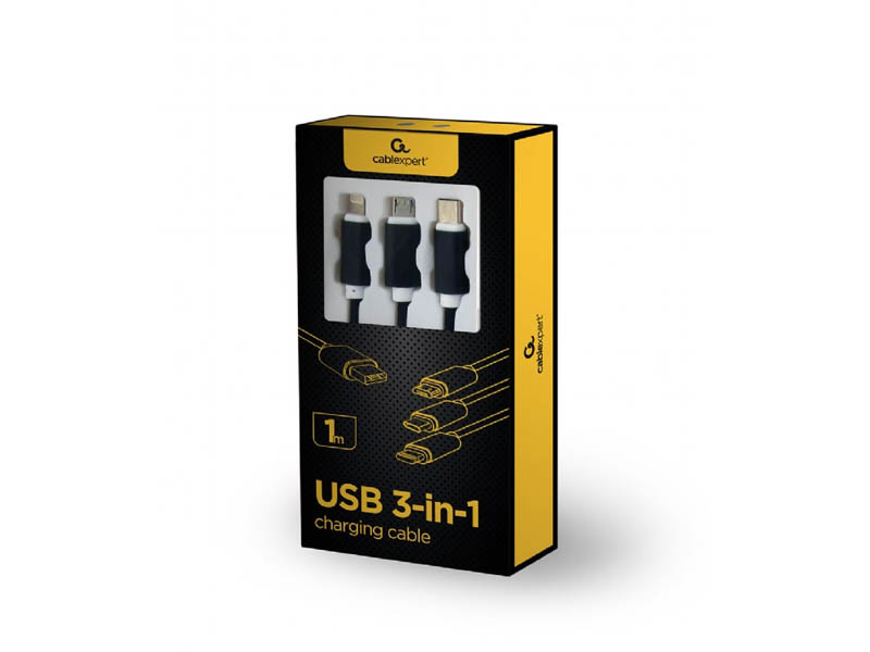 USB Cable 3in1 AM to Micro USB, Type-C & Lightning 1m Cablexpert Black