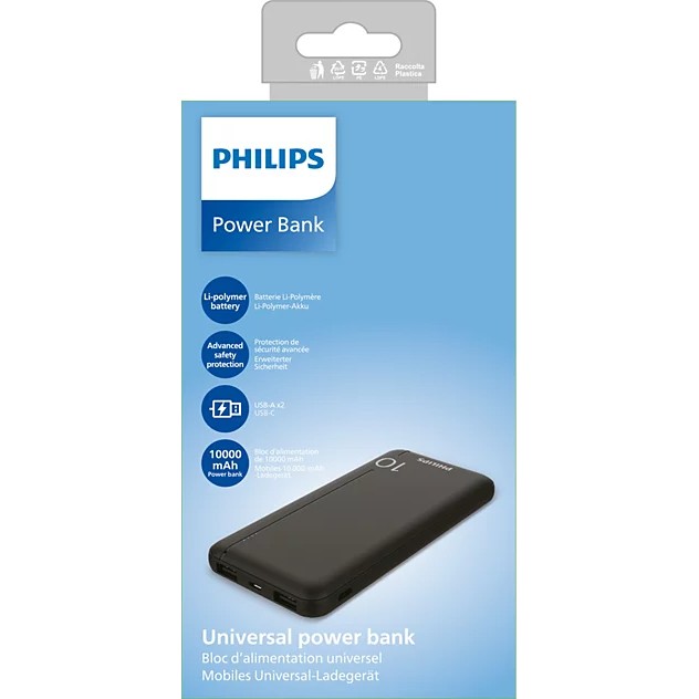 Power Bank Philips Fast Charging USB, Type-C 10000mAh Black