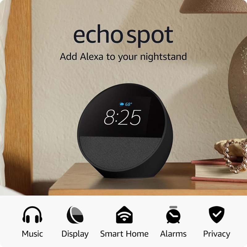 Amazon Echo Spot 2024 Smart Alarm Clock and Speaker Black