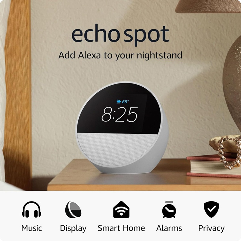 Amazon Echo Spot 2024 Smart Alarm Clock and Speaker White