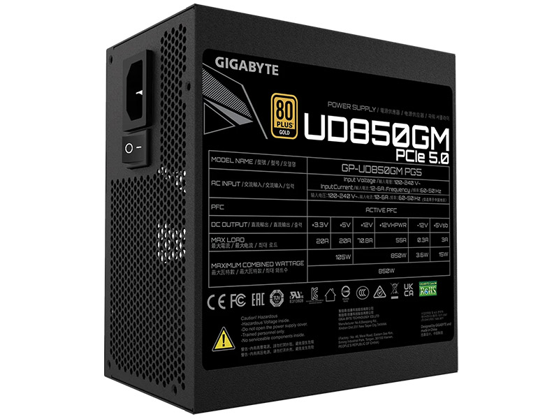 PSU 850W Gigabyte UD850GM PG5 Real Power 80Plus GOLD, Modular, 120mm Fan PCIe Gen 5.0 Ready 12VHPWR