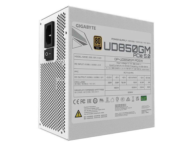 PSU 850W Gigabyte UD850GM PG5W Real Power 80Plus GOLD, Modular, 120mm Fan 5.0 Ready 12VHPWR White