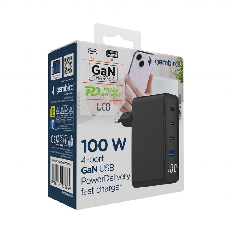 USB Universal Power Charger Gembird 4 port 100W LCD Display Black