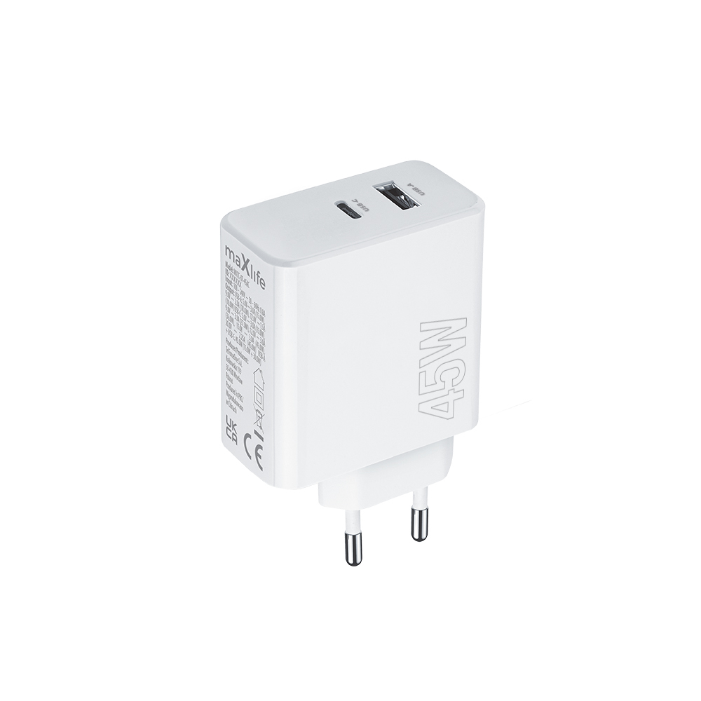USB Universal Power Charger Maxlife 45W Type-C 2xPort QC3 PD White