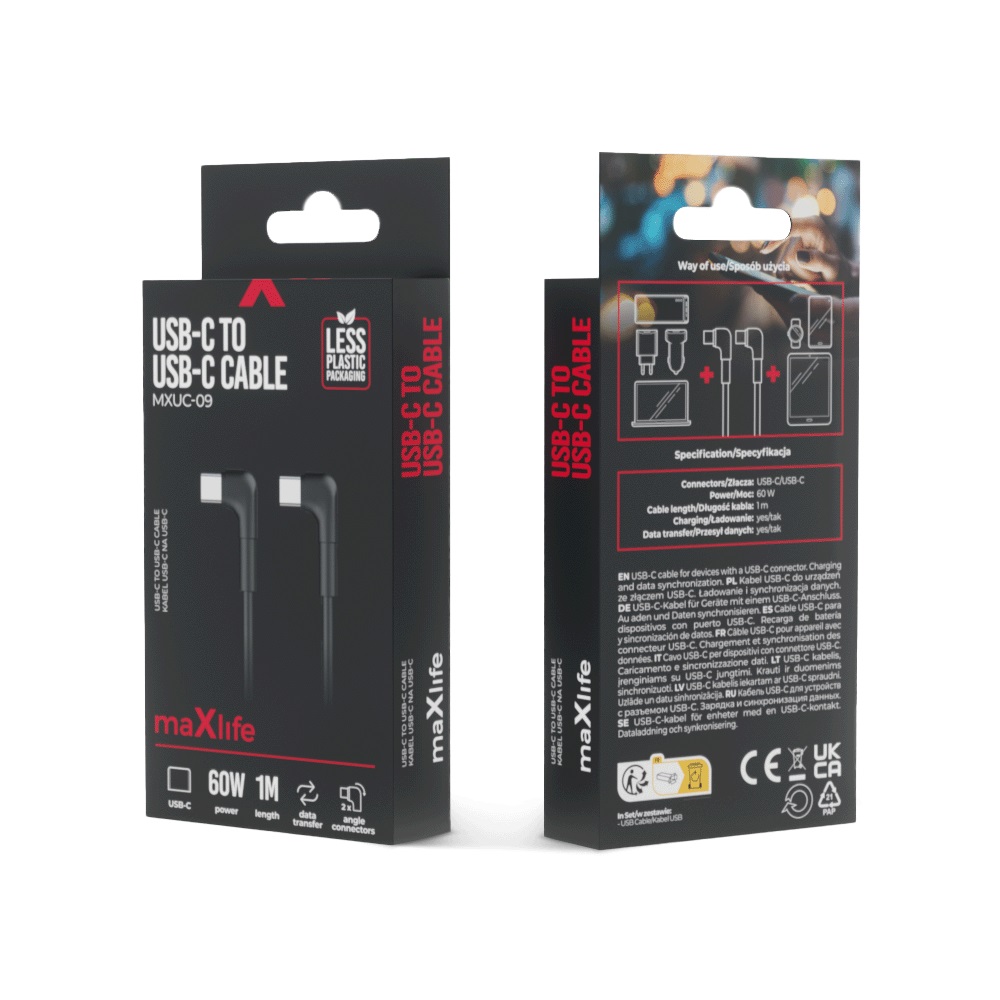 Cable USB 2.0 Type-C to Type-C 90 degrees 1.0m Maxlife Black