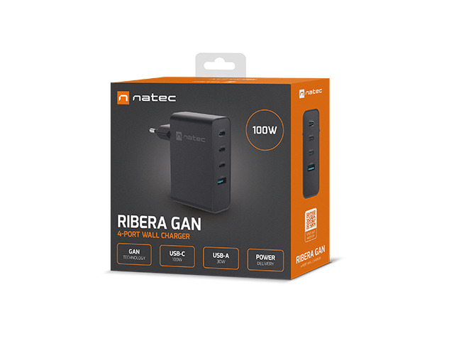 USB Universal Power Charger Natec Ribera GaN 100W 3xUSB-C/1xUSB-A Black