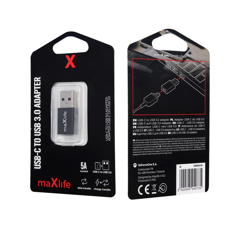 Adapter USB3.0 Type-A to Type-C Maxlife Black