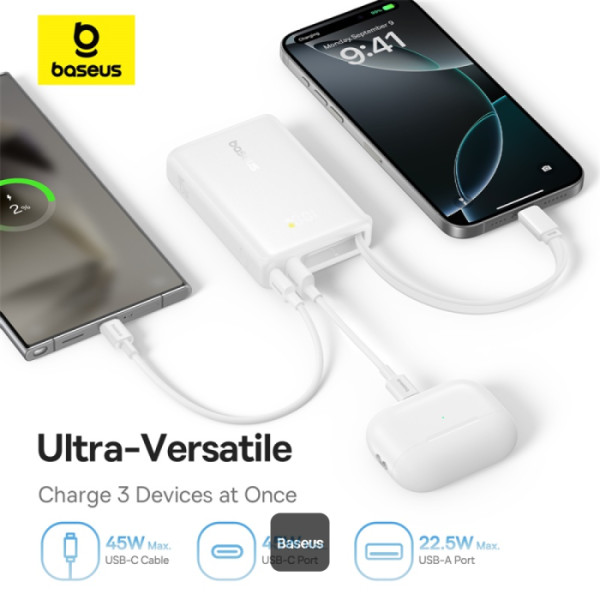 Power Bank Baseus 10K, 45W (Built-In USB-C Cable, USB-C, USB-A QC 3.0 port) Moon White
