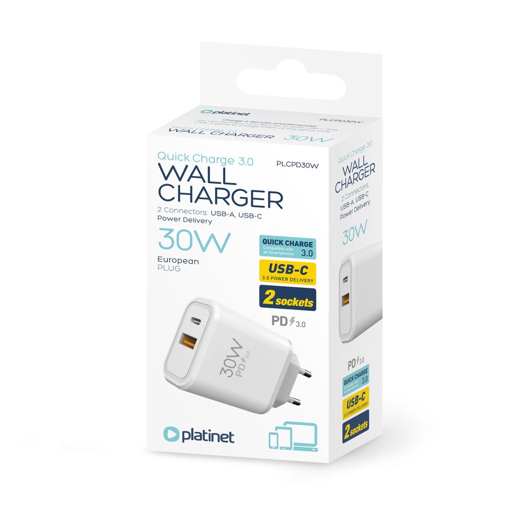 USB Universal Power Charger Platinet Type-C PD 30W White