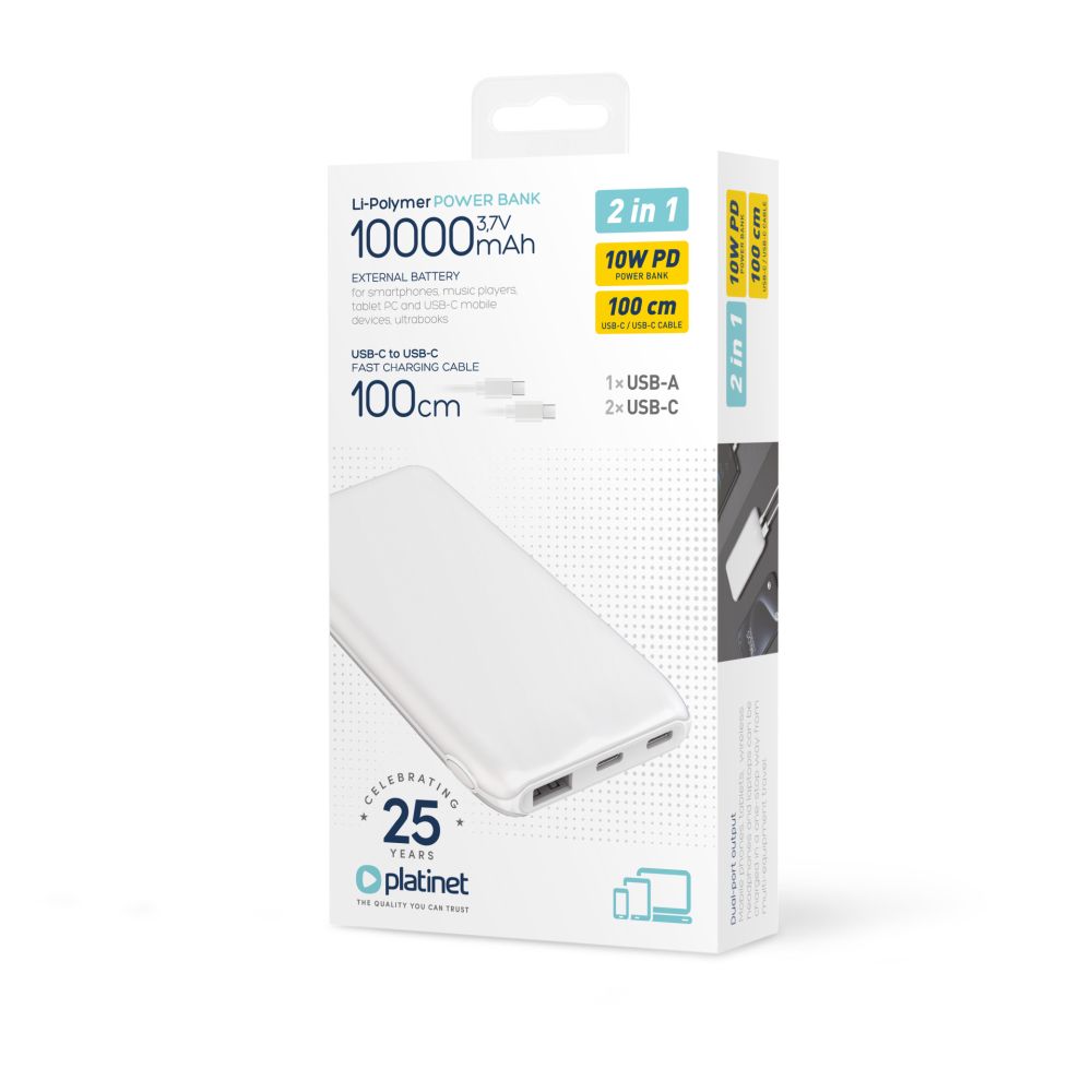 Power Bank Platinet 10000mAh 12W 2xUSB-C 1xUSB-A White