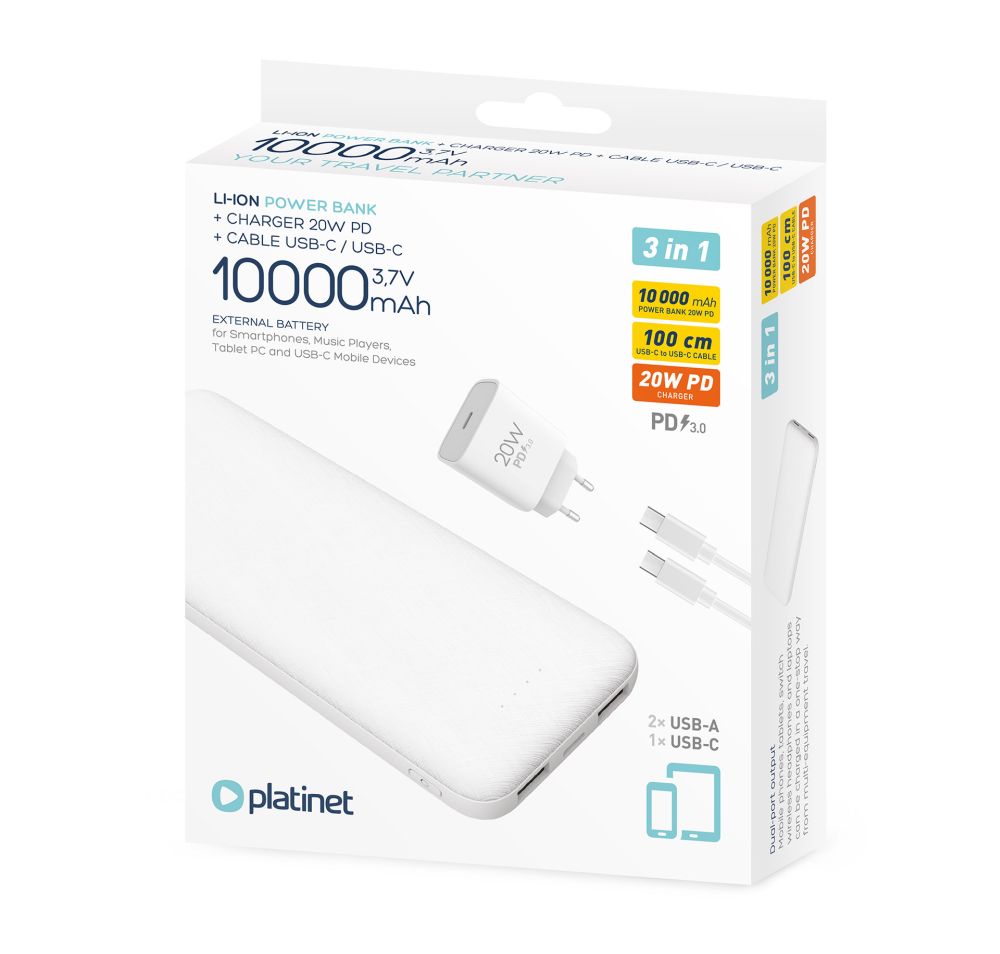 Power Bank Platinet 10000mAh + 20W PD Charger + USB C Cable White