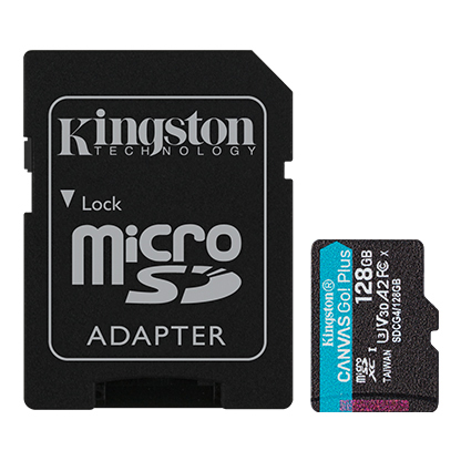 Secure Digital Micro Kingston 128GB SDXC Canvas Go! Plus cl10 UHS-I 200MB Read U3 A2 V30 w/Adapter