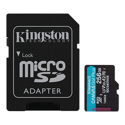 Secure Digital Micro Kingston 256GB SDXC Canvas Go! Plus cl10 UHS-I 200MB Read U3 A2 V30 w/Adapter