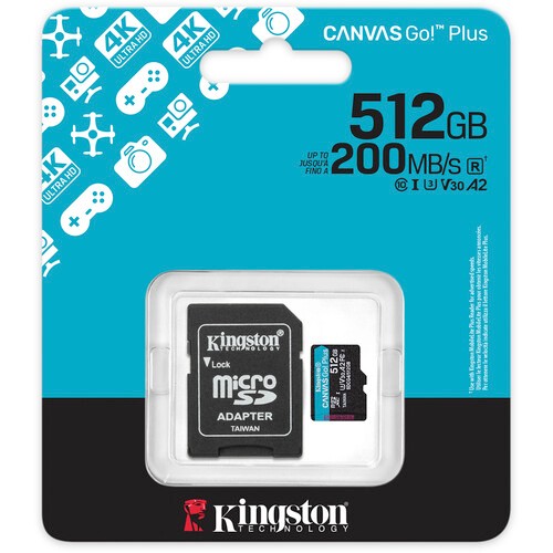 Secure Digital Micro Kingston 512GB SDXC Canvas Go! Plus cl10 UHS-I 200MB Read U3 A2 V30 w/Adapter