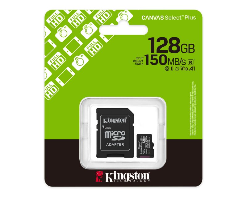 Secure Digital Micro Kingston 128GB SDXC Canvas Select Plus cl10 UHS-I V10 150MB Read A1 w/Adapter