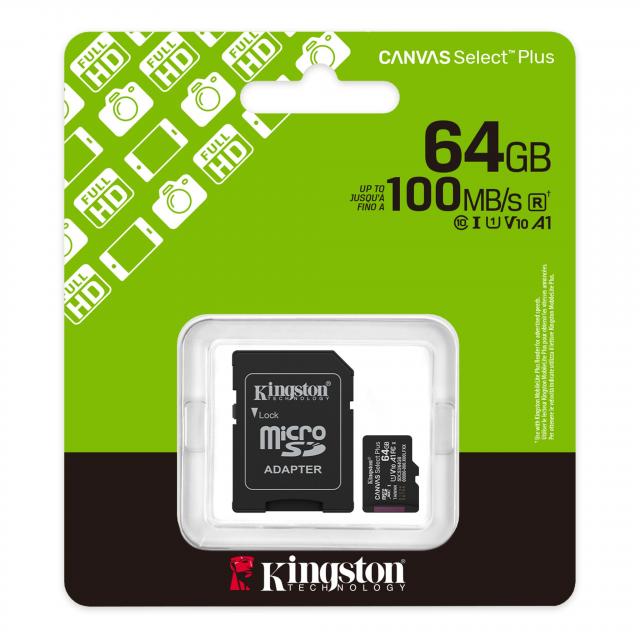 Secure Digital Micro Kingston 64GB SDXC Canvas Select Plus cl10 UHS-I U1 V10 100MB Read A1 w/Adapter