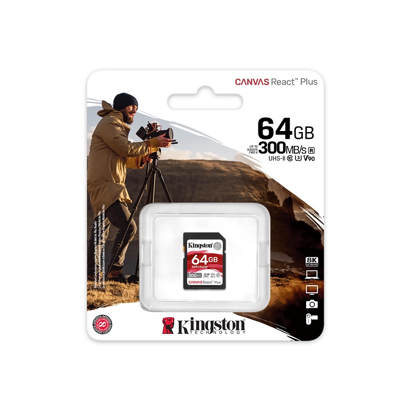 Secure Digital Kingston 64GB SDXC Canvas React Plus CL10 UHS-II U3 V90 4K/8K 300MB Read