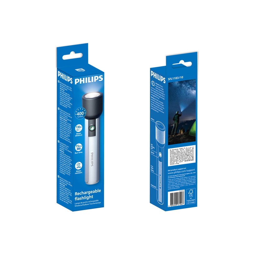 Flashlight Philips COB LED Torch 400 Lumens, IP44 Water Resistance, USB-C w/Built-in Battery