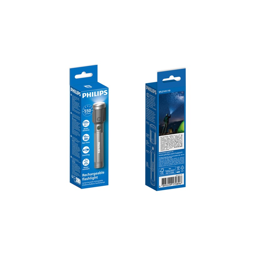Flashlight Philips Aluminium LED Torch 650 Lumens, IP44 Water Resistance, USB-C w/Built-in Battery