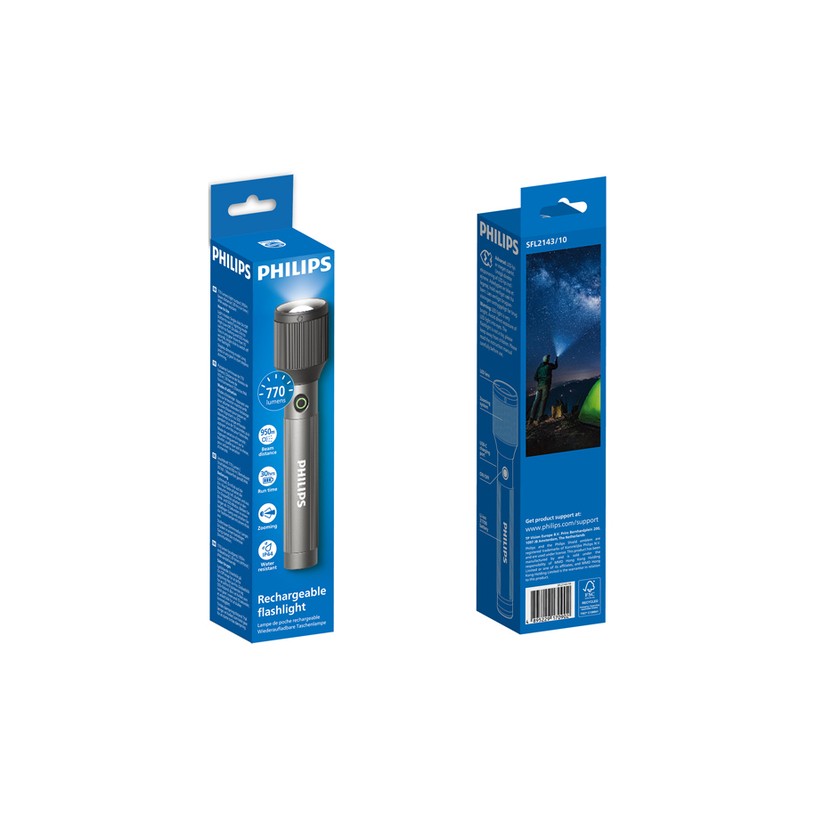 Flashlight Philips Aluminium LED Torch 770 Lumens, IP44 Water Resistance, USB-C w/Built-in Battery