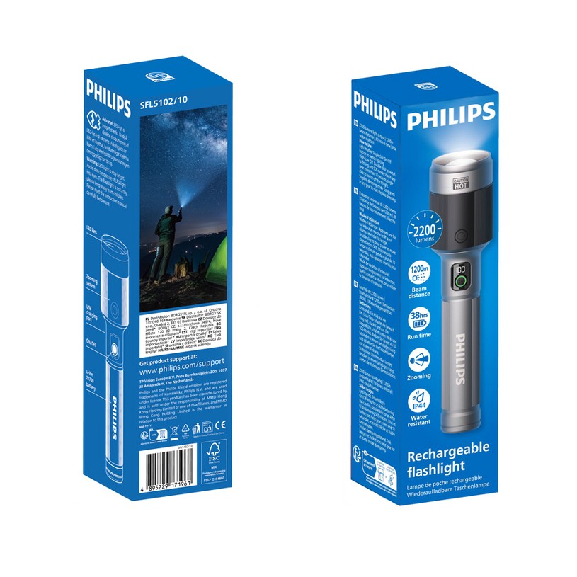 Flashlight Philips Aluminium LED Torch 2200 Lumens, IP44 Water Resistance, USB-C w/Built-in Battery