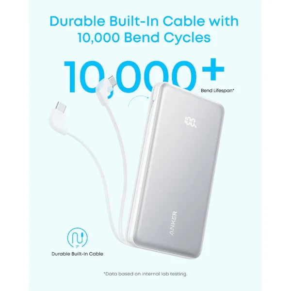 Power Bank Anker Zolo 10K, 22.5W, (Built-In USB-C Cable) White