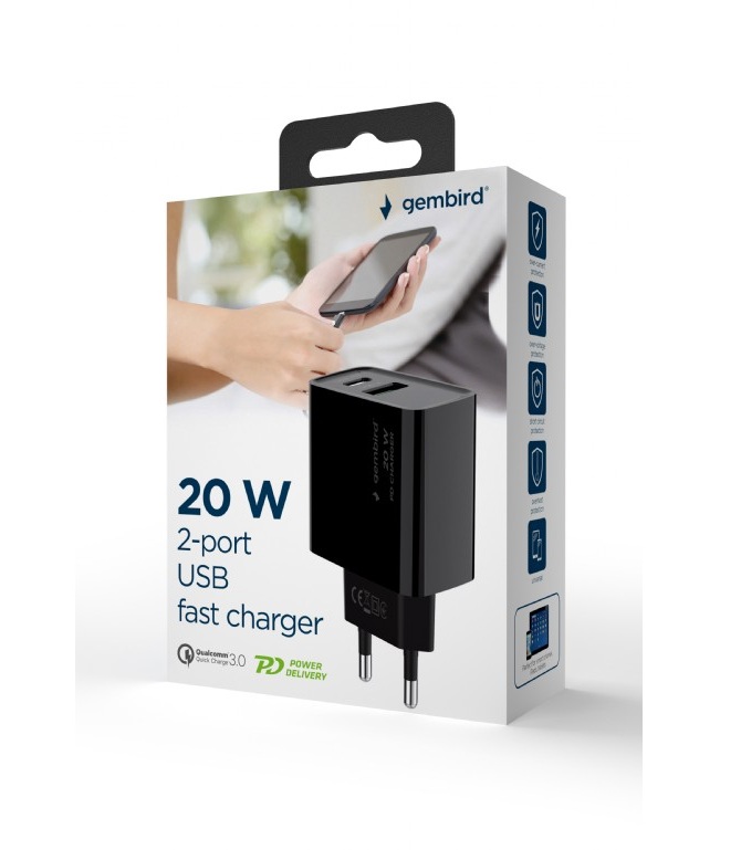 USB Universal Power Charger 2 port Gembird 20W Type C Black