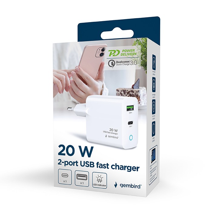 USB Universal Power Charger 2 port Gembird 20W Type C Led White