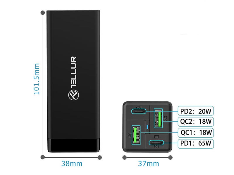 USB Universal Power Charger Tellur PDHC2 65W Dual Type-C PD /Dual USB QC 3.0 EU, US, UK Black