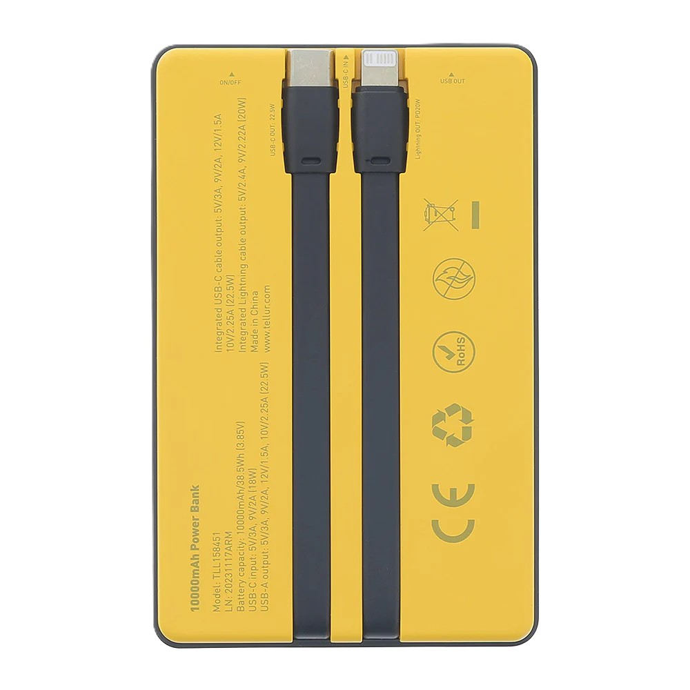Power Bank Tellur 10000mAh Type-C + Lightning cable QC 3.0 PD 3.0 Yellow